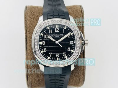PF Factory Replica Patek Philippe Aquanaut Black Dial Diamond Bezel Watch 40MM